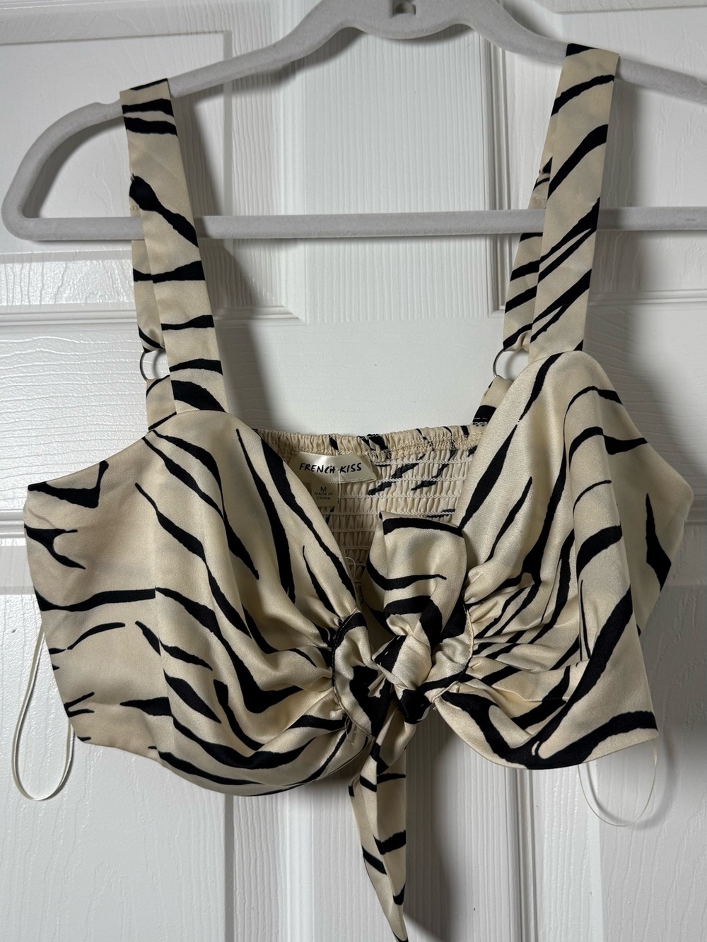 french kyss Cream and Black Zebra Tie-Front Crop Top